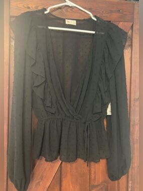 SO Black Long-Sleeve Ruffle Wrap Top